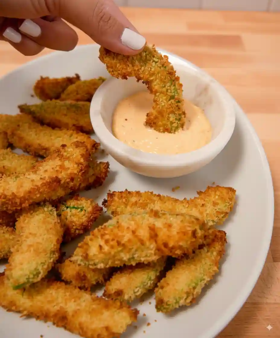 Air Fryer Avocado Fries dipped into a creamy sauce on a plate