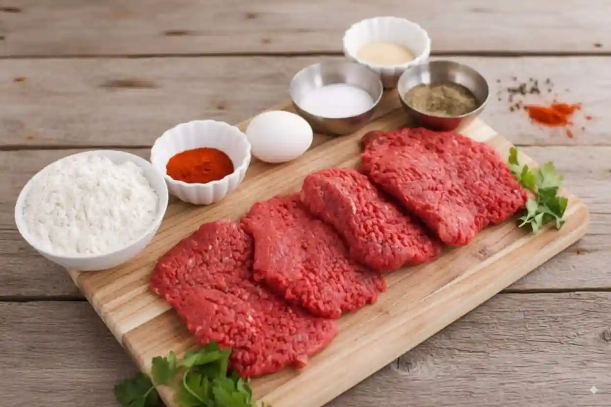 Raw cube steak and seasoning ingredients for Air Fryer chicken fried steak on a wooden board.