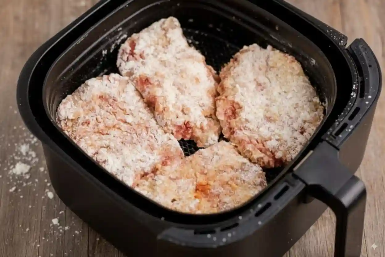 Breaded Air Fryer chicken fried steak pieces arranged in the basket before cooking.
