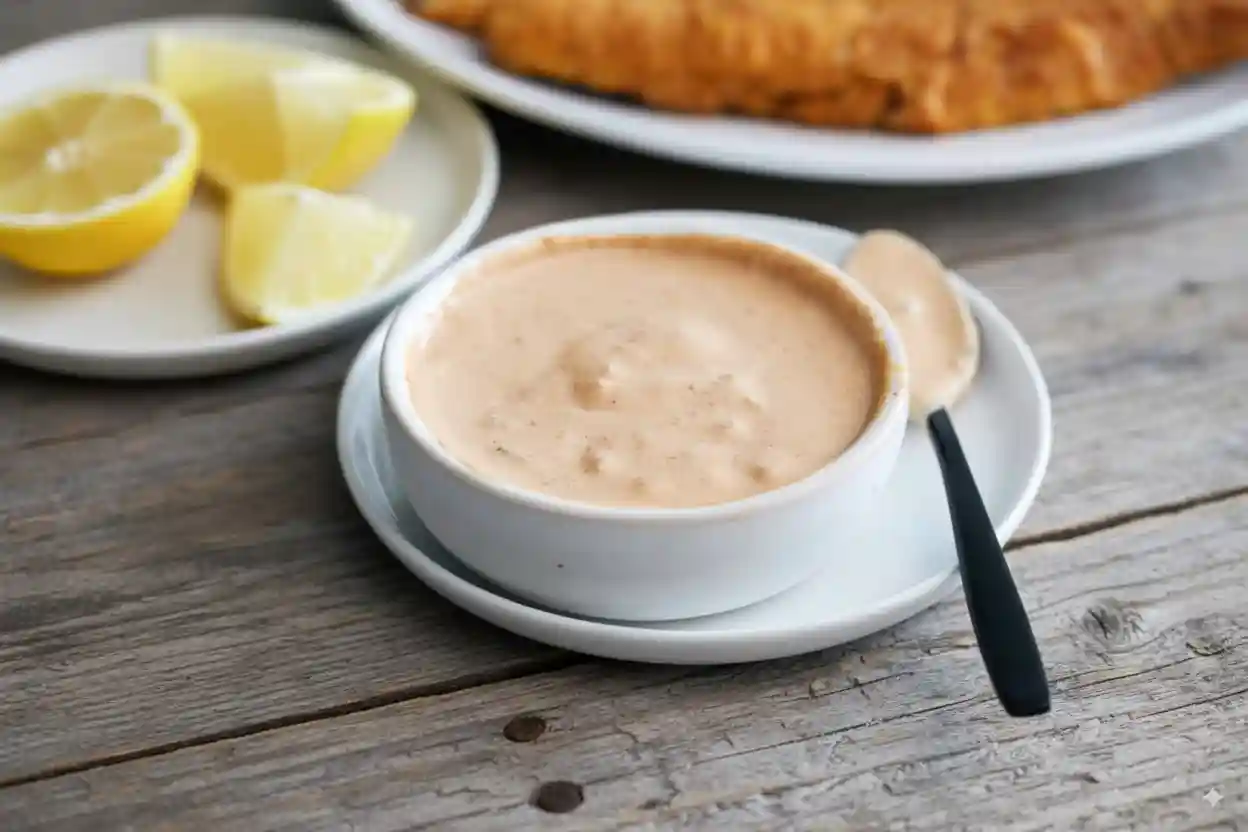 A creamy bowl of homemade dip shown in the Easy Remoulade Sauce Recipe, served with lemon wedges on the side.