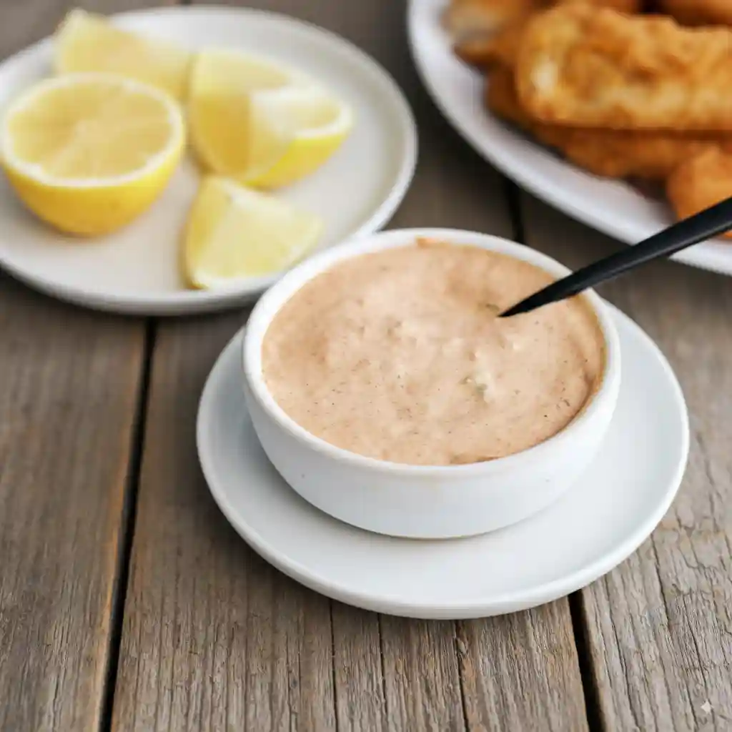 A small bowl of Easy Remoulade Sauce Recipe served with lemon wedges and crispy fried fish in the background.