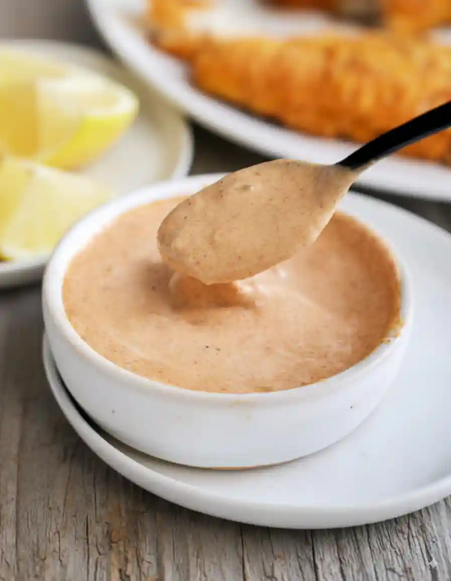 A spoonful of creamy dip lifted from the Easy Remoulade Sauce Recipe bowl, showing its smooth and tangy texture.
