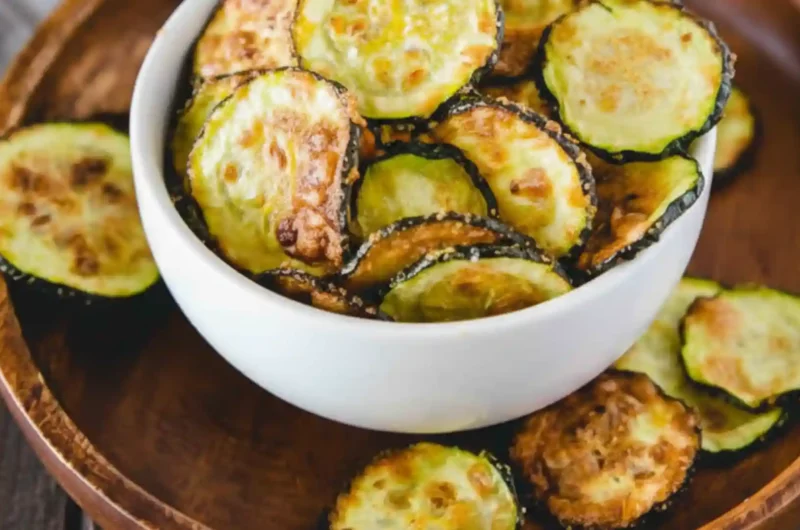 Crispy Air Fryer Zucchini Chips served in a white bowl on a wooden plate, showing golden-brown, thinly sliced zucchini rounds with a light, crunchy texture.