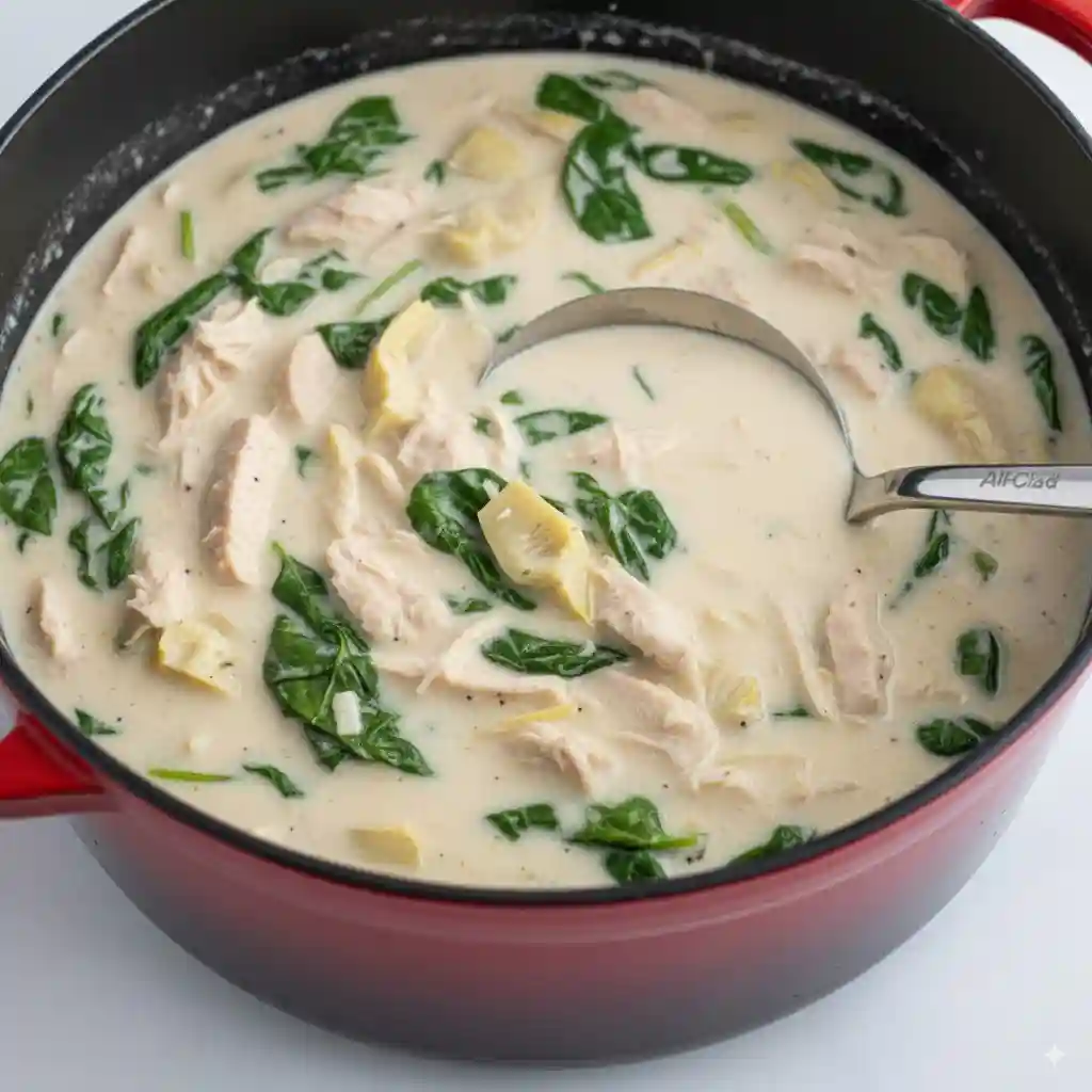 Creamy Chicken Florentine Soup simmering in a red pot with spinach, shredded chicken, and artichokes.