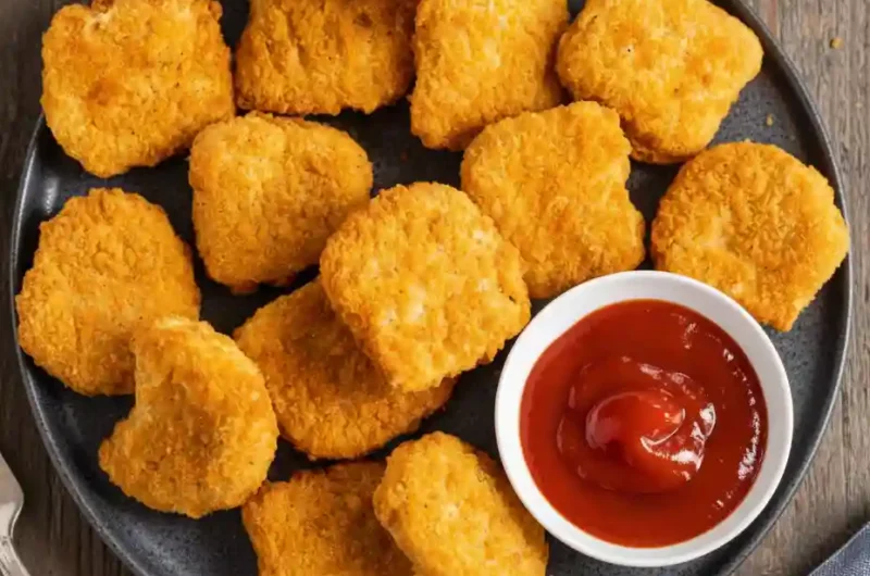 Frozen chicken nuggets served on a dark plate with ketchup dipping sauce