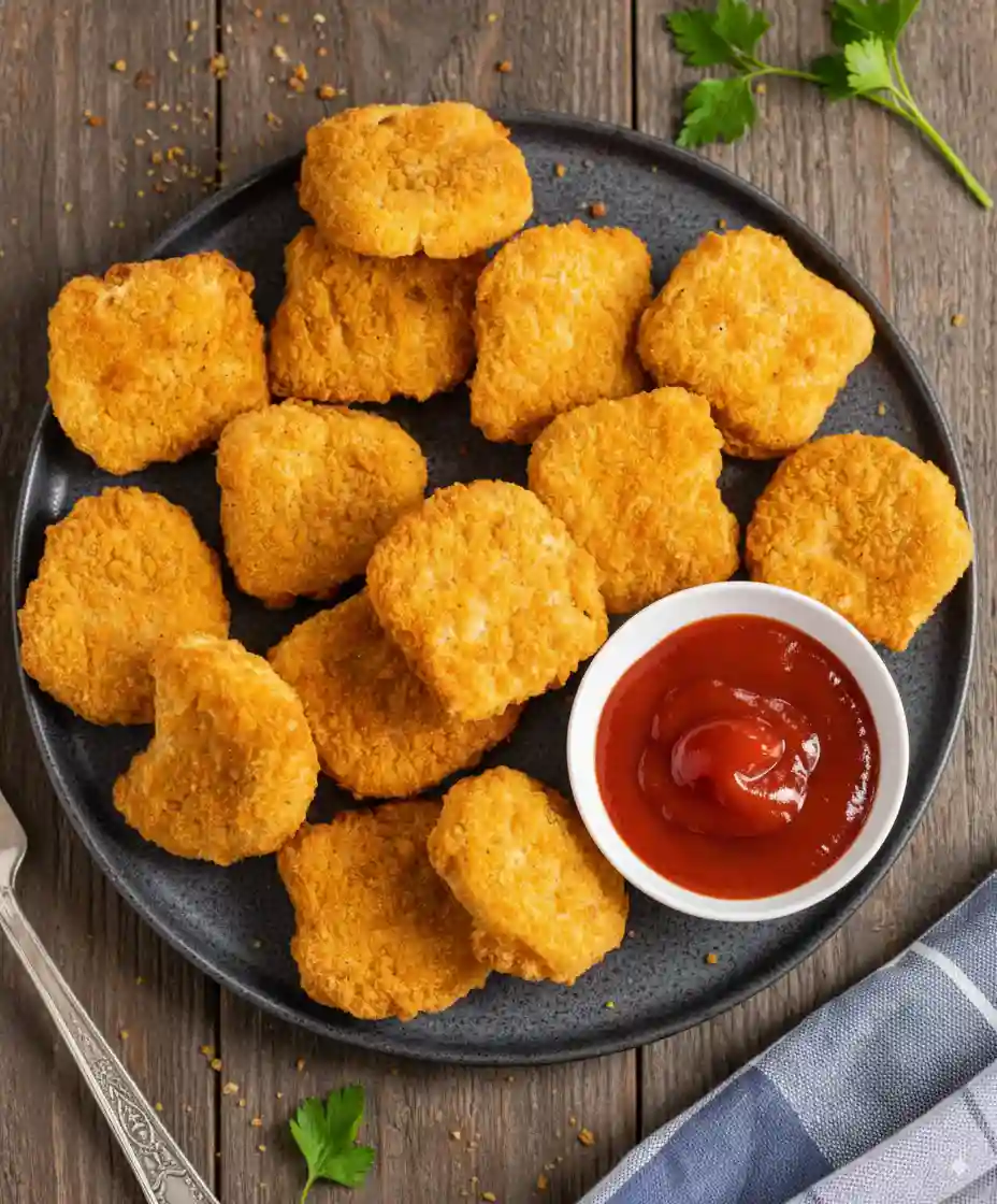 Frozen Chicken Nuggets Air Fryer: Crispy Perfection in Minutes 2 Frozen chicken nuggets served on a dark plate with ketchup dipping sauce