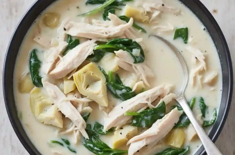 Creamy Chicken Florentine Soup with shredded chicken, spinach, and artichokes in a rich broth.