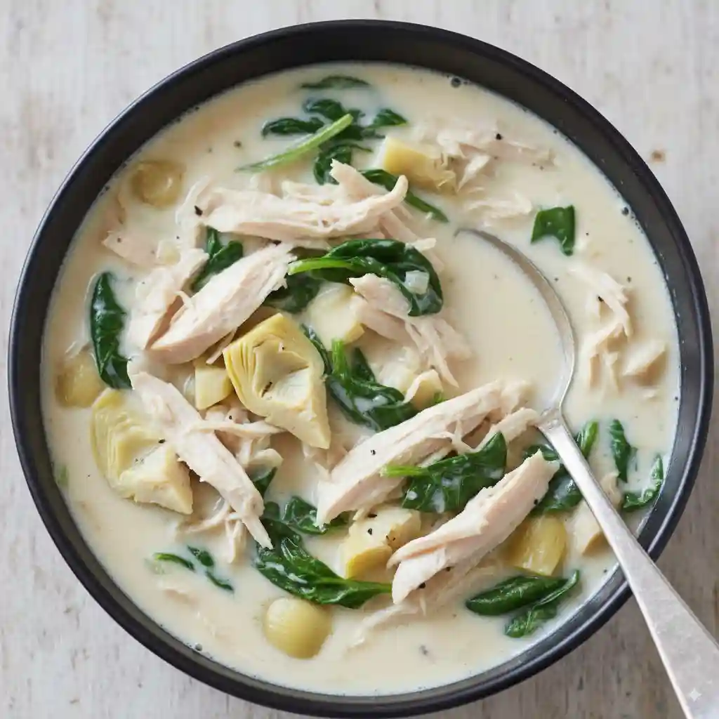 Creamy Chicken Florentine Soup with shredded chicken, spinach, and artichokes in a rich broth.