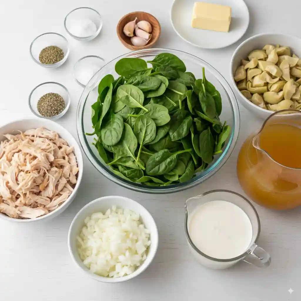 Ingredients for Chicken Florentine Soup including spinach, shredded chicken, artichokes, onion, garlic, cream, butter, broth, and seasonings.