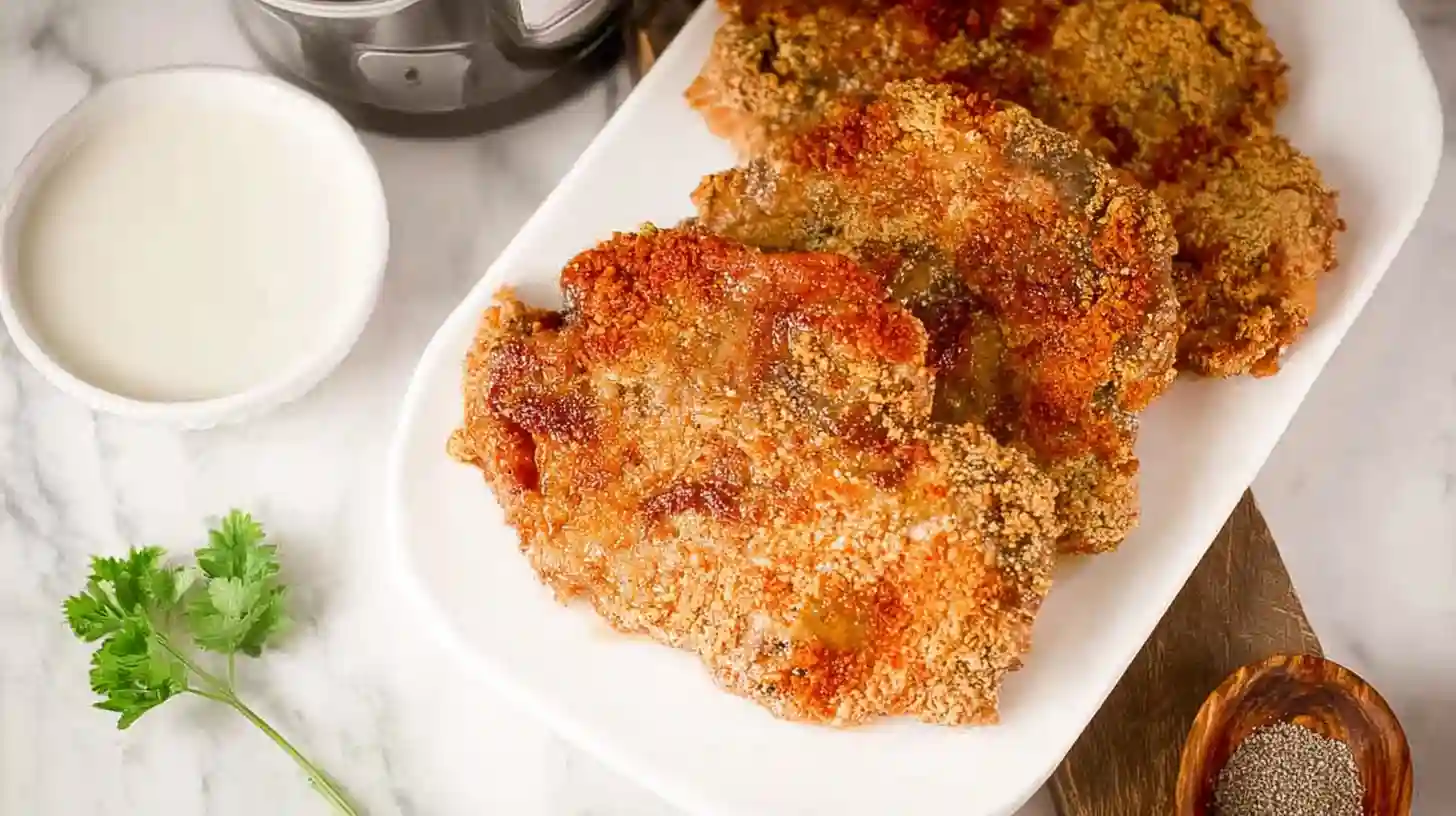 The Crispiest Air Fryer Chicken Fried Steak (Fail-Proof Recipe) 2 Golden, crispy Air Fryer chicken fried steak served on a white plate with creamy gravy on the side.