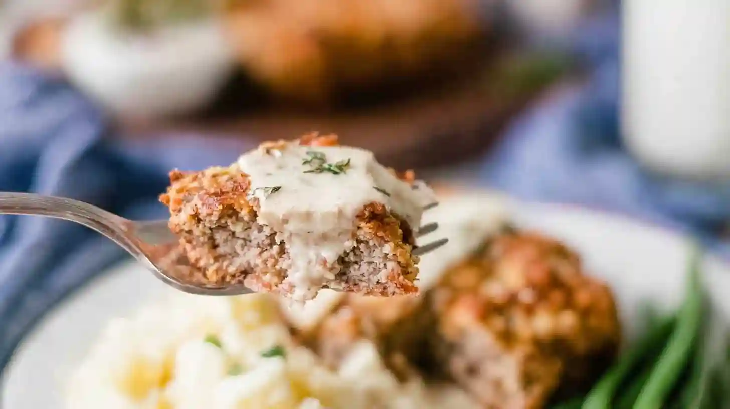 Fork holding a bite of crispy Air Fryer chicken fried steak topped with creamy white gravy.