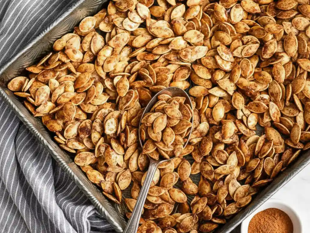 An overhead shot of a baking sheet full of freshly baked cinnamon sugar roasted pumpkin seeds, with a spoon scooping some up and a bowl of cinnamon spice nearby, illustrating the final result of a cinnamon sugar roasted pumpkin seeds recipe.