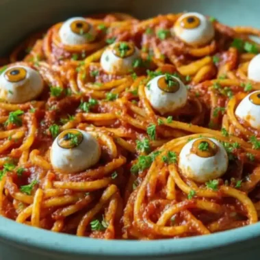 A bowl of spooky Halloween pasta with mozzarella eyeballs, an alternative fun idea for a spooky ghost mac and cheese themed dinner.