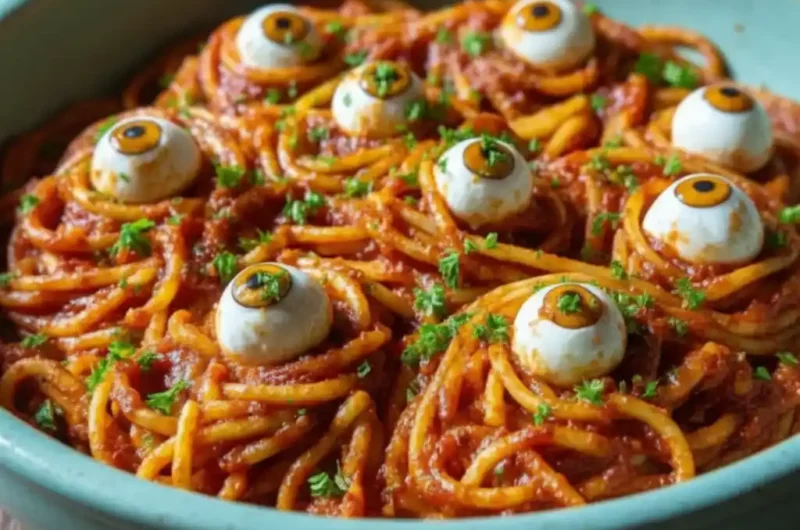 A bowl of spooky Halloween pasta with mozzarella eyeballs, an alternative fun idea for a spooky ghost mac and cheese themed dinner.