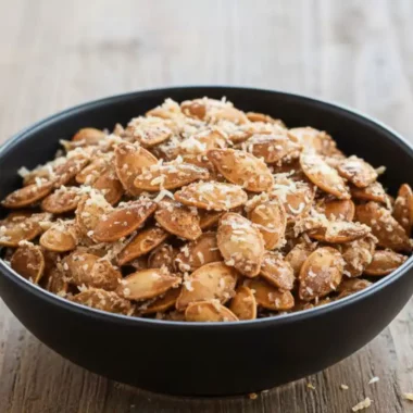 A black bowl filled with roasted garlic pumpkin seeds generously topped with grated Parmesan cheese, sitting on a wooden surface, showcasing the final product of a garlic pumpkin seeds with Parmesan recipe.