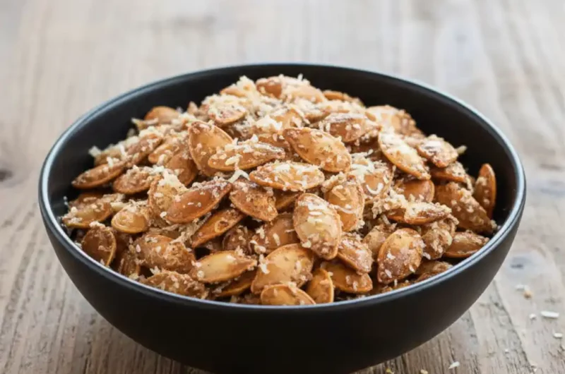 A black bowl filled with roasted garlic pumpkin seeds generously topped with grated Parmesan cheese, sitting on a wooden surface, showcasing the final product of a garlic pumpkin seeds with Parmesan recipe.