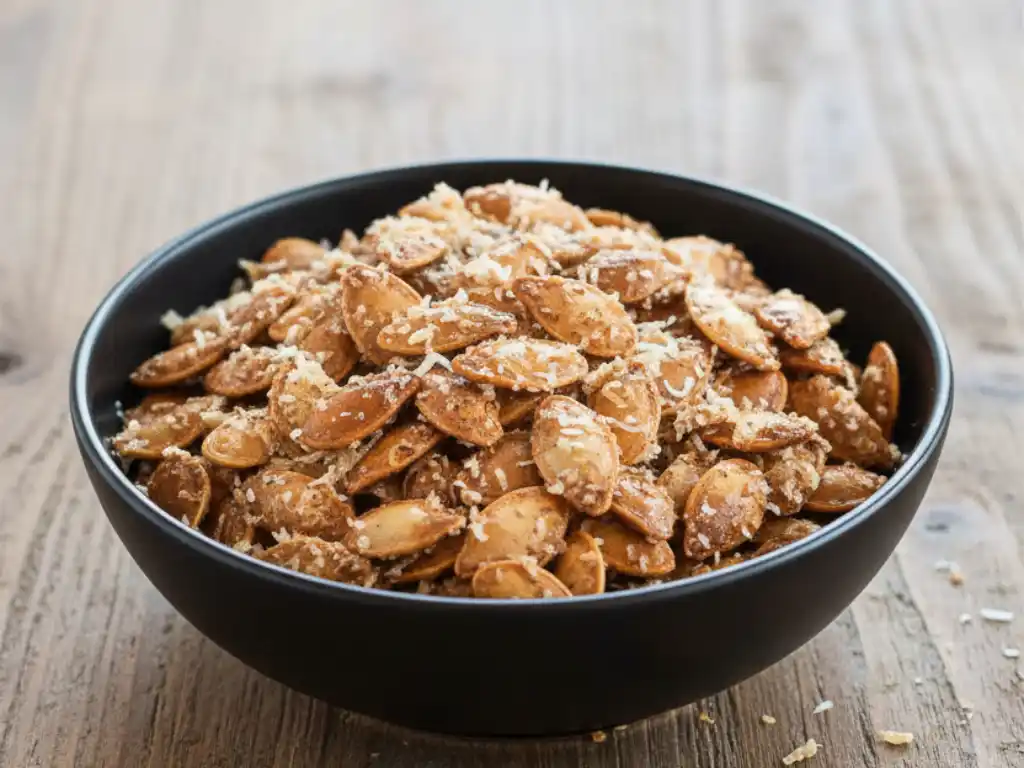 A black bowl filled with roasted garlic pumpkin seeds generously topped with grated Parmesan cheese, sitting on a wooden surface, showcasing the final product of a garlic pumpkin seeds with Parmesan recipe.