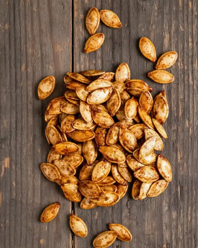 An overhead shot of a pile of savory roasted pumpkin seeds scattered on a dark rustic wooden background, showcasing the final result of a savory roasted pumpkin seeds recipe.