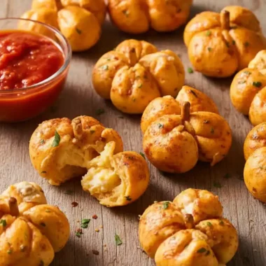 Simple Easy Pizza-Stuffed Pumpkins Recipe 3 A platter of easy pizza-stuffed pumpkins, which are golden-brown pizza bites shaped like pumpkins, served on a wooden board with a side of marinara dipping sauce. One bite is broken open to reveal the melted cheese filling.