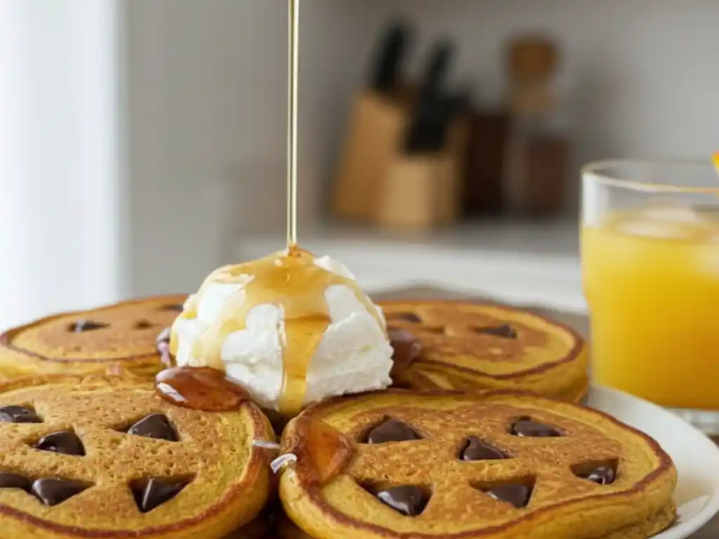 Amazing Jack-O’-Lantern Pancakes: Quick & Easy 2 A stack of fluffy Lantern Pancakes that look like jack-o'-lanterns with chocolate chip faces, being topped with a scoop of whipped cream as maple syrup is poured over them.