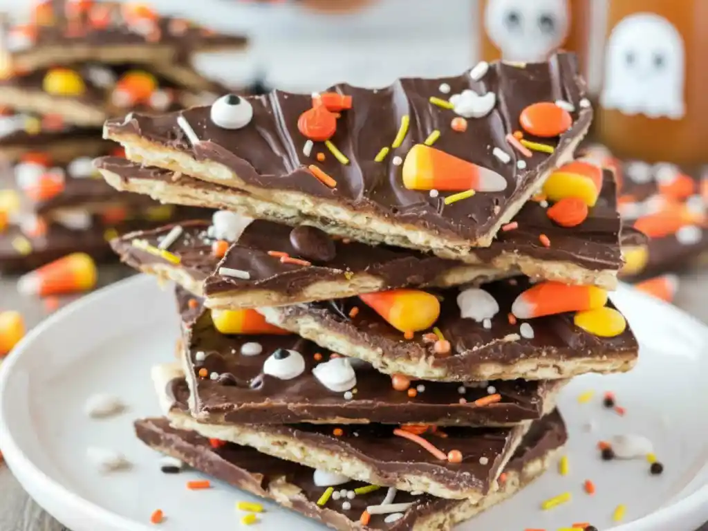Irresistibly Addictive Halloween Crack 2 A tall stack of Halloween Crack on a white plate, showing the layers of chocolate-covered toffee and crackers, and decorated with festive candy corn, candy eyeballs, and Halloween sprinkles.
