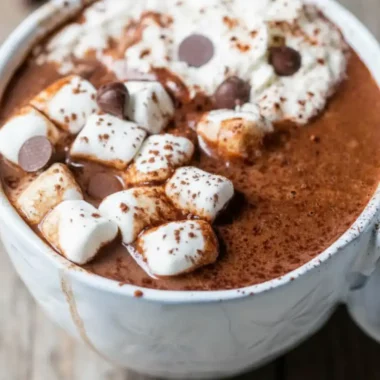 A close-up of a large white mug filled with rich and creamy crockpot hot chocolate, topped with mini marshmallows, whipped cream, and chocolate chips, illustrating the perfect result of an easy slow cooker recipe.
