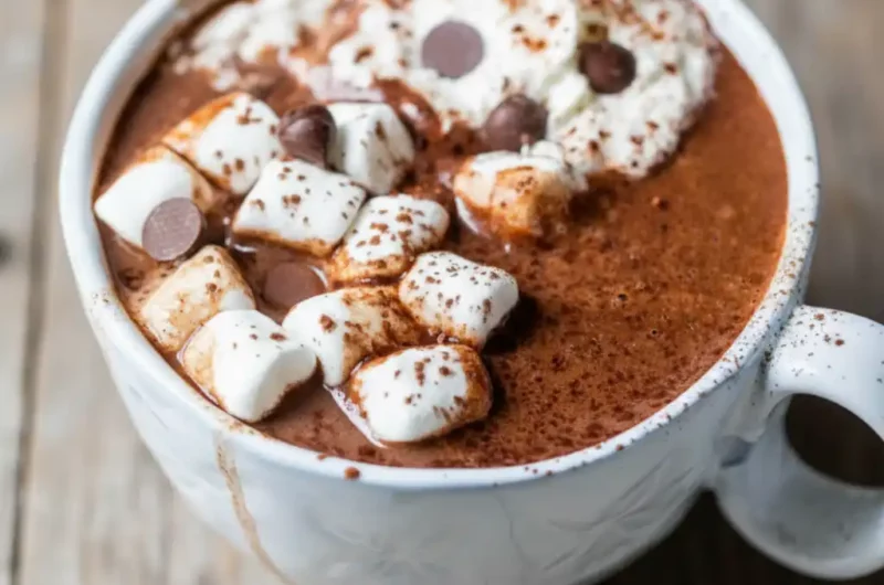A close-up of a large white mug filled with rich and creamy crockpot hot chocolate, topped with mini marshmallows, whipped cream, and chocolate chips, illustrating the perfect result of an easy slow cooker recipe.