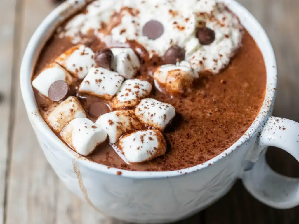 The Ultimate Crockpot Hot Chocolate 2 A close-up of a large white mug filled with rich and creamy crockpot hot chocolate, topped with mini marshmallows, whipped cream, and chocolate chips, illustrating the perfect result of an easy slow cooker recipe.