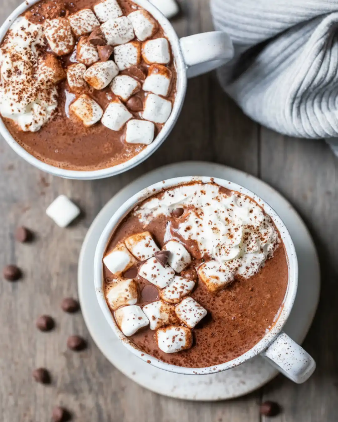 The Best Creamy Crockpot Hot Chocolate A close-up of a large white mug filled with rich and creamy crockpot hot chocolate, topped with mini marshmallows, whipped cream, and chocolate chips, illustrating the perfect result of an easy slow cooker recipe.