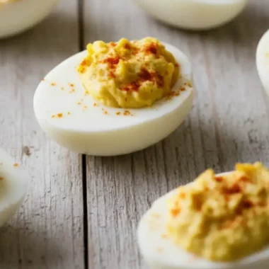 A close-up of classic deviled eggs, featuring a creamy yellow yolk filling and a sprinkle of paprika, arranged on a rustic wooden board.
