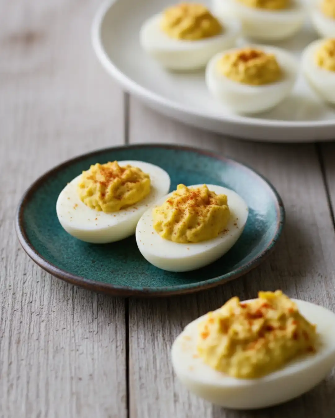 The Ultimate Deviled Eggs Recipe 2 Two classic deviled eggs served on a small teal plate, sprinkled with paprika, with a larger platter of deviled eggs in the background.