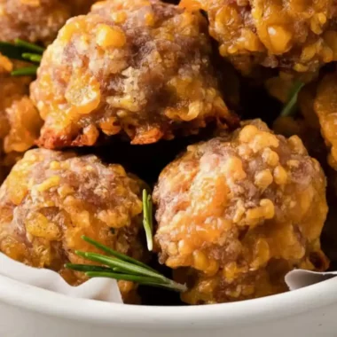 A detailed close-up of golden-brown, cheesy Bisquick sausage balls piled in a white bowl and garnished with a sprig of fresh rosemary.