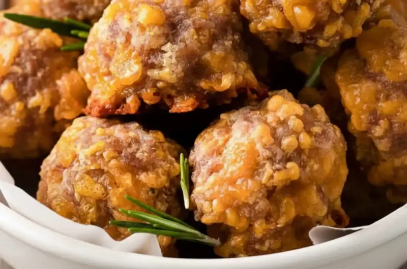 A detailed close-up of golden-brown, cheesy Bisquick sausage balls piled in a white bowl and garnished with a sprig of fresh rosemary.