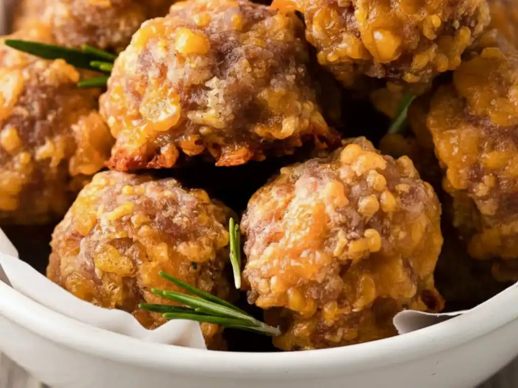 Amazing Bisquick Sausage Balls: Easy Recipe 2 A detailed close-up of golden-brown, cheesy Bisquick sausage balls piled in a white bowl and garnished with a sprig of fresh rosemary.