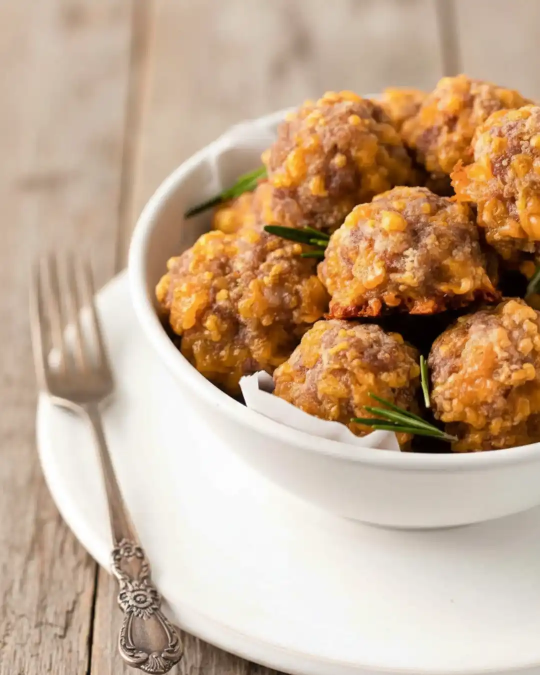 A white bowl filled with classic Bisquick sausage balls, garnished with fresh rosemary and served on a plate with a fork on a rustic wooden table.