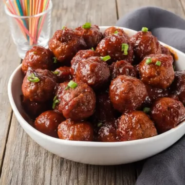 Amazing Slow Cooker Cranberry Meatballs 4 A white bowl of sweet and tangy cranberry meatballs, garnished with sliced green onions, with a cup of colorful party toothpicks in the background.