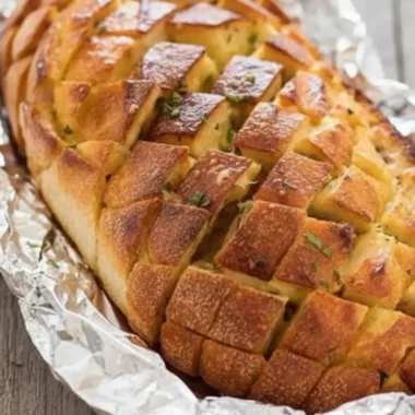 A golden-brown loaf of cheesy pull-apart garlic bread, scored in a diamond pattern and baked in aluminum foil on a rustic wooden surface, ready to be shared.