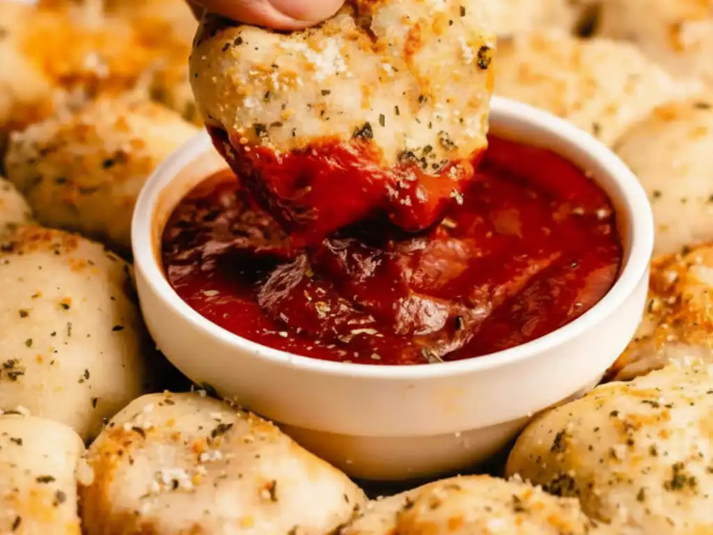 An array of golden-brown pizza bites, seasoned with herbs and parmesan, surrounding a small bowl of marinara dipping sauce topped with Italian seasoning.