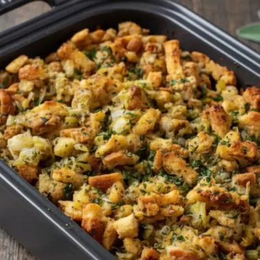 A black casserole dish filled with golden-brown, savory Thanksgiving stuffing, made with bread cubes, celery, and fresh herbs, representing the final result of a classic Thanksgiving stuffing recipe.