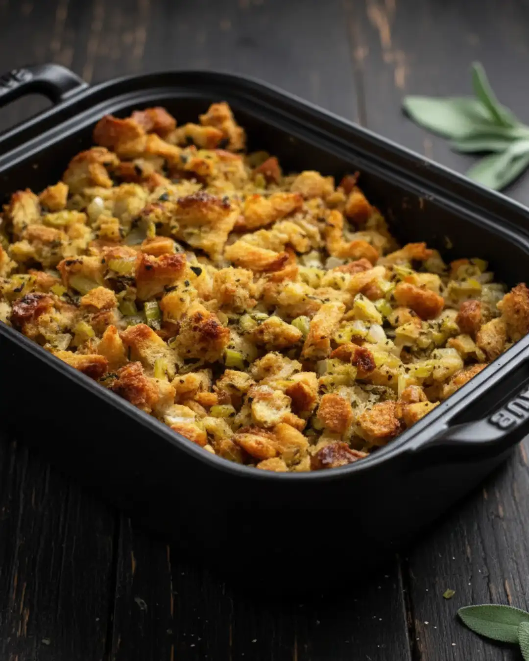 A classic Thanksgiving stuffing recipe baked in a black cast-iron casserole dish, showing a savory, golden-brown top, set on a dark wooden table with fresh sage leaves.