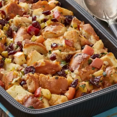 The Ultimate Easy Apple Cranberry Stuffing Recipe 4 A close-up of a baking dish filled with a savory Apple Cranberry Stuffing recipe, showing tender bread cubes, diced apples, and tart dried cranberries, ready to be served for a holiday meal.