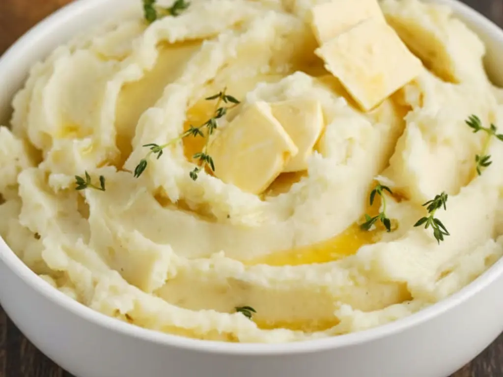 The Ultimate Mashed Potatoes Recipe 2 A close-up of a white bowl filled with creamy, fluffy mashed potatoes, topped with pats of melting butter and fresh thyme sprigs, showcasing the perfect mashed potatoes recipe.