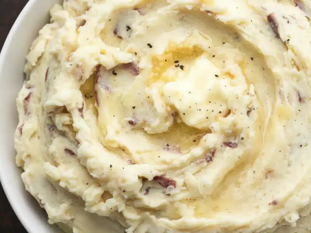 Amazing Garlic Mashed Potatoes Recipe 2 A white serving bowl filled with creamy, rustic garlic mashed potatoes with red potato skins, topped with melted butter and black pepper, on a dark wood table.