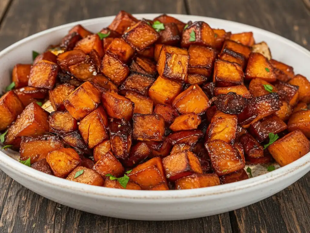 Amazing Honey Roasted Sweet Potatoes 3 A white serving bowl filled with amazing honey roasted sweet potatoes, showing the deep caramelization on the diced cubes and a sweet honey glaze, garnished with fresh parsley.
