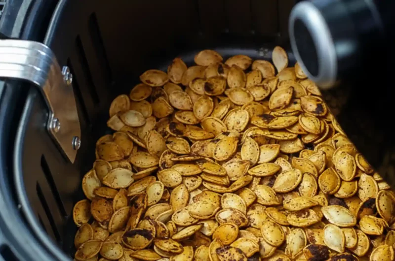 A close-up view of seasoned pumpkin seeds roasting inside the basket of an air fryer, demonstrating the air fryer pumpkin seeds recipe.