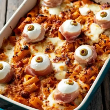 A cheesy eyeball pasta bake fresh from the oven in a casserole dish, decorated with spooky mozzarella, prosciutto, and olive eyeballs for a perfect Halloween dinner.