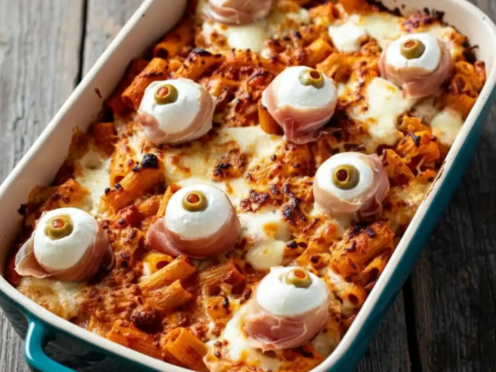The Ultimate Eyeball Pasta Bake for a Spooky Feast 2 A cheesy eyeball pasta bake fresh from the oven in a casserole dish, decorated with spooky mozzarella, prosciutto, and olive eyeballs for a perfect Halloween dinner.