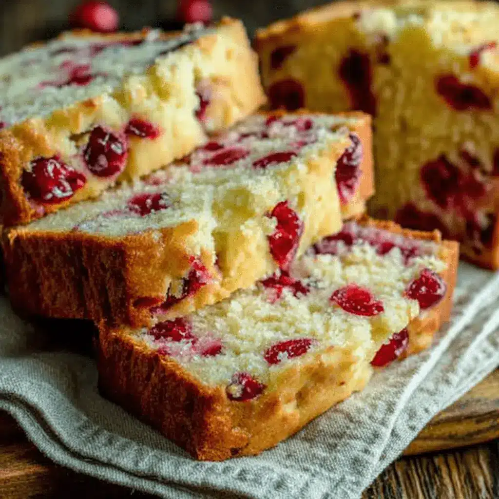Easy Cream Cheese Cranberry Loaf Recipe 2 Slices of moist Cream Cheese Cranberry Loaf with golden crust and ruby cranberries on a rustic wooden surface.