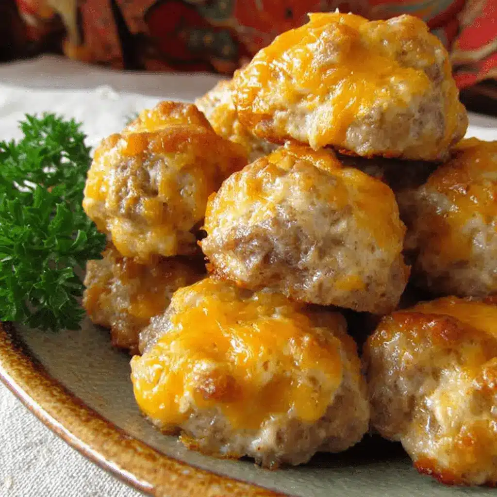 Close-up of golden-brown Cream Cheese Sausage Balls piled on a plate, generously topped with melted orange cheddar cheese and garnished with fresh parsley.