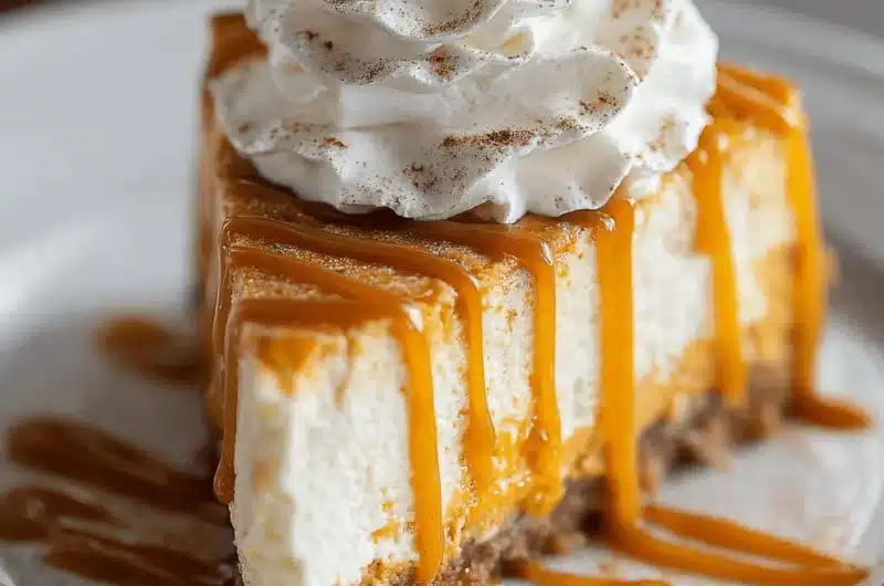 Close-up of a decadent slice of Pumpkin Cheesecake with caramel drizzle and whipped cream on a white plate.
